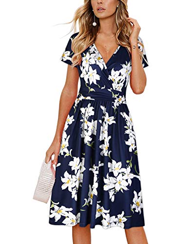 OUGES Womens Summer Dress Casual Dresses for Women Short Sleeve V-Neck Pattern Knee Length Dress with Pockets Spring Dresses 2024(Floral01,M)