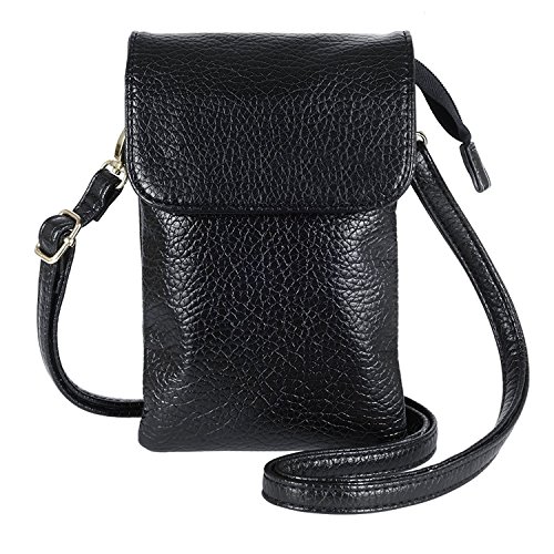 WITERY Leather Crossbody Cell Phone Purse for Women- Black Lightweight Small Cross Body Cell Phone Wallet Pouch Shoulder Bag with Shoulder Strap