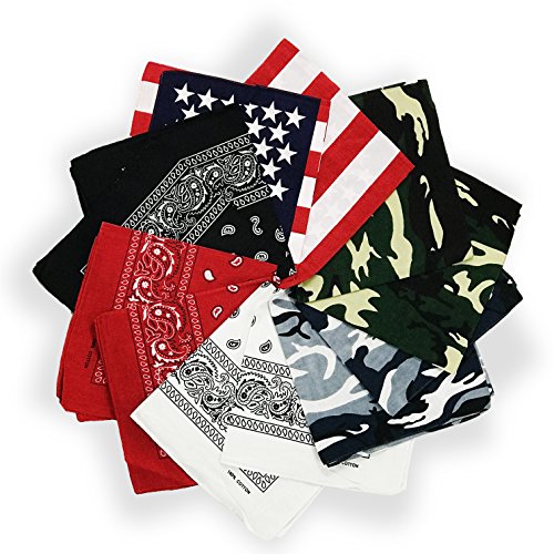 allgala 12 Pack 100% Cotton Premium Bandanas Head Band-6 Popular Design Assorted-(White Black Red Paisley Design and Army and Grey Camouflage US Flags)
