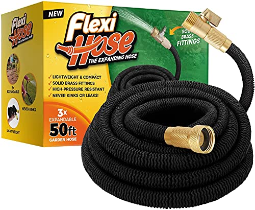Flexi Hose Upgraded Expandable Garden Hose 50 ft Extra Strength 3/4 Solid Brass Fittings - The Ultimate No-Kink Flex 50 ft Water Hose (Black, 50FT)