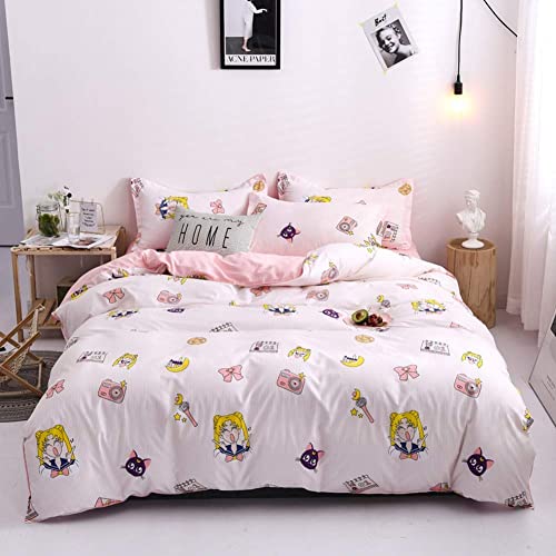 B/A Anime Duvet Cover Set Queen Size 4pcs Cartoon Bedding Sets Pink Kawaii Bedding Set for Kids Girl Children 1 Duvet Cover 1 Flat Sheet with 2 Pillow Shams