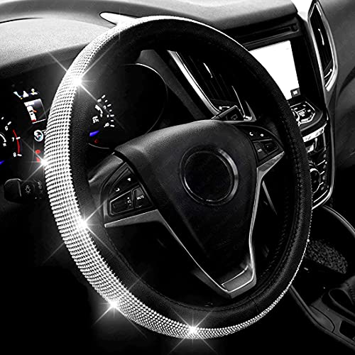 New Diamond Leather Steering Wheel Cover with Bling Bling Crystal Rhinestones, Universal Fit 15 Inch Car Wheel Protector for Women Girls Black