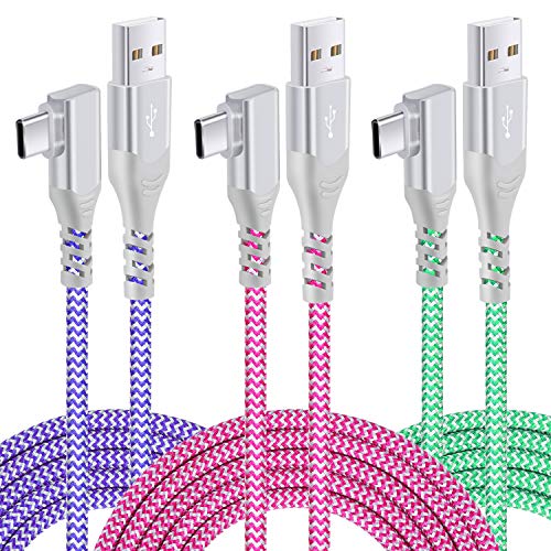 Pofesun 10ft USB C Charger Cable, 3-Pack Right Angle USB A to USB C Cable, Nylon Braided Type C Charger Fast Charging Cord Compatible for Samsung Galaxy S24 S23 Note 20,A71/A70/A52/A51,LG V50 V40 G8