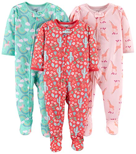 Simple Joys by Carter's Baby Girls' 3-Pack Loose Fit Flame Resistant Polyester Jersey Footed Pajamas, Cactus/Giraffe/Rainbow, 12 Months