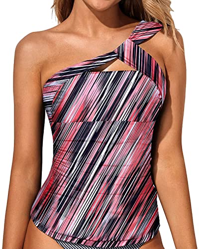 Tempt Me Women Pink Striped Tankini Top Swim Tops Ruched One Shoulder Bathing Suit Swimsuit Tops Only L