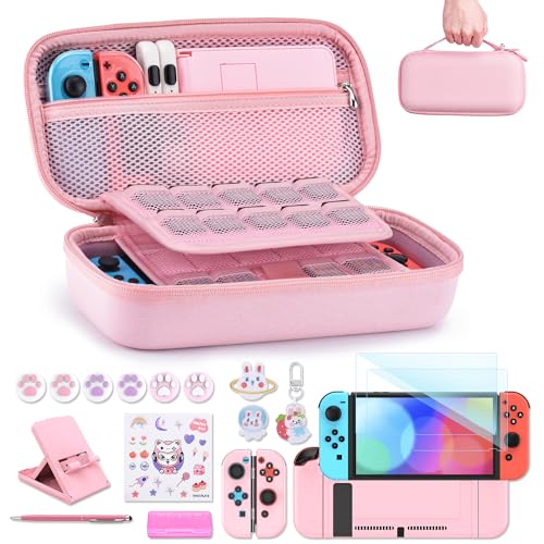 innoAura Switch Case for NS Switch 18 in 1 Switch Accessories Bundle with Switch Carrying Case, Switch Game Case, Switch Screen Protector, Switch Stand, Switch Thumb Grips (Pink)