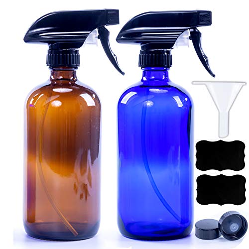 LEWISCARE LC Cobalt Blue & Amber Glass Spray Bottles For Cleaning Solutions,Water Spray Bottle For Hair,16oz Refillable Container For Essential Oils, Mist & Stream Trigger Sprayer(2 Pack)