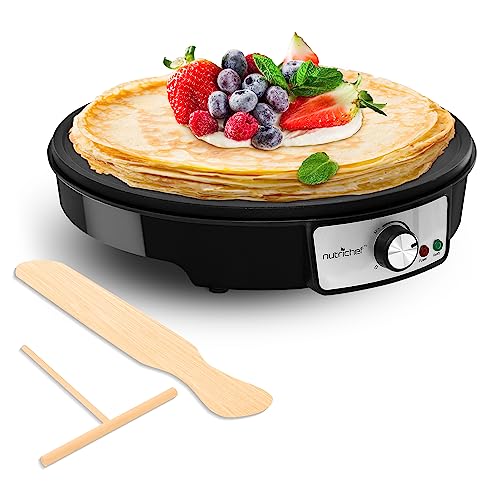 nutrichef Electric Griddle Crepe Maker Cooktop - Nonstick 12 Inch Aluminum Hot Plate with LED Indicator Lights & Adjustable Temperature Control - Wooden Spatula & Batter Spreader Included