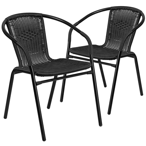 EMMA + OLIVER 2 Pack Black Rattan Indoor-Outdoor Restaurant Stack Chair with Curved Back