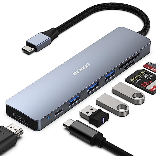 BENFEI 7in1 USB C Multiport Adapter with HDMI, SD/TF Card Reader, 3x USB 3.0, 60W Power Delivery, Compatible with iPhone 15 Pro/Max, MacBook, iPad Pro, iMac, S23, XPS17