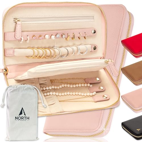 NORTH & SPRUCE Jewelry Travel Organizer Case - Thin Portable Jewelry Travel Case Foldable Roll Bag Zipper Pouch for Tangle Free Necklace, Earrings, Rings, Bracelets Storage, Pink