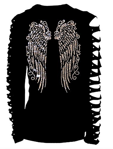 Long Angel Wings Bling Bling Rhinestones T-Shirt Ripped Cut Out Long (Medium) Black