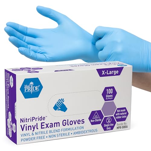 MED PRIDE NitriPride Nitrile-Vinyl Blend Exam Gloves, X-Large 100 - Powder Free, Latex Free & Rubber Free - Single Use Non-Sterile Protective Gloves for Medical Use, Cooking, Cleaning & More