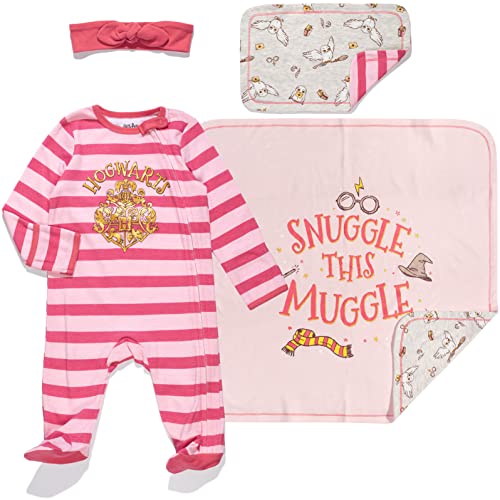 Harry Potter Newborn Baby Boy or Girl Zip Up Sleep N' Play Coverall Headband Burp Cloth and Blanket 4 Piece Outfit Set Pink 0-6 Months