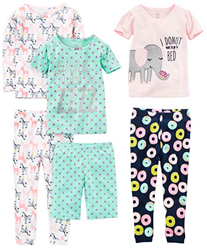 Simple Joys by Carter's Girls' 6-Piece Snug Fit Cotton Pajama Set, Green Dots/Navy Donut/Pink Elephant/White Zebra, 8