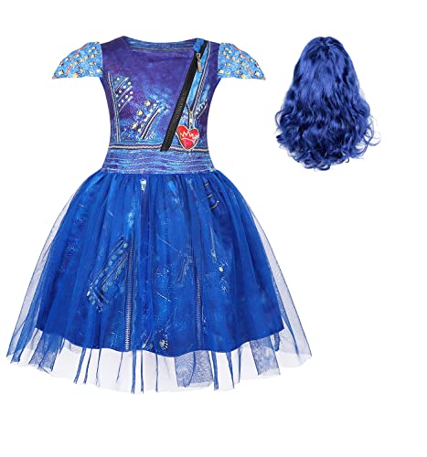 HenzWorld Girls Evie Costume Descendants Princess Dresses Tulle Birthday Party Dragon Musical Cosplay Dress up Theme Party Outfit with Wig Blue Size 6(5-6 Years, 120)