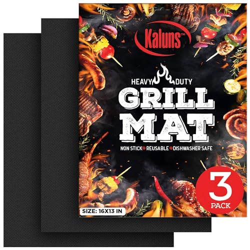 Kaluns Grill Mats For Outdoor Grill, Non Stick Grill Mat Reusable Mats for Gas, Charcoal, Electric Grills Set of 3 PTFE Teflon Barbeque Accessories - 16 x13 Inch