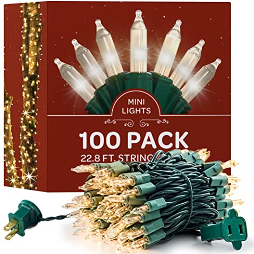 Christmas Lights [Set of 100] Warm White Christmas Lights, UL Listed for Indoor/Outdoor Use, Mini Christmas Lights, Small Christmas Lights for Holiday/Party Festival Decorations 22.8 Ft (Green Wire)