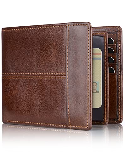 Swallowmall Mens Wallet RFID Genuine Leather Bifold Wallets For Men, ID Window 16 Card Holders Gift Box (Brown (No Zipper))