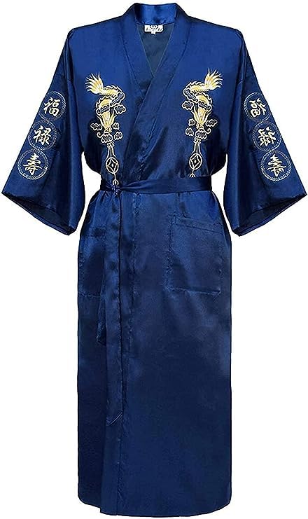 Bon amixyl Mens Silk Kimono Robe Mens Japanese Silk Dragon Bathrobe Chinese Kimono Robe Men Lightweight Open Front Long Cloak with Belt (Navy,L)
