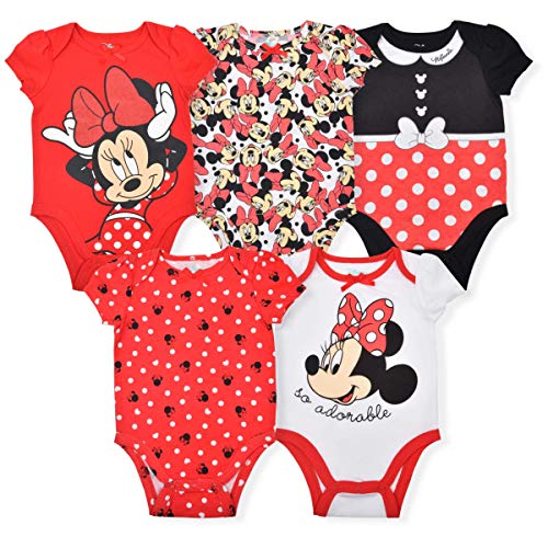 Disney Minnie Mouse Girls 5 Pack Bodysuits for Newborns and Infants – Red/White/Black