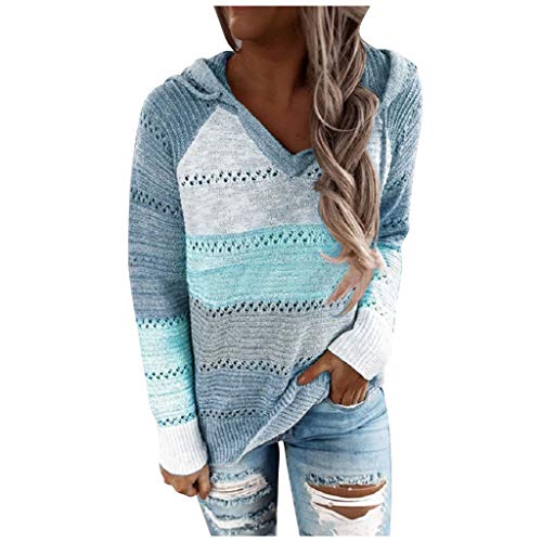 YAnGSale Top Casual Patchwork Sweater Women Fashion Hoodies Long Sleeves Shirt Hooded Blouse Knit Pullover (Sky Blue, S)