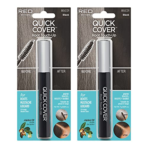 RED by Kiss Quick Cover Root Touch Up Rescue, Mascara Natural Water-Resistant Temporary Gray Concealer Cover Up Brush for Hair Mustache & Beard (Black) (2Pcs)