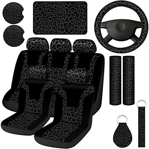 13 Pcs Leopard Print Car Accessories Set, Includes Seat Covers Set Steering Wheel Cover Coasters Armrest Pad Belt Pads Keychain and Wrist Strap for Decor (Black)