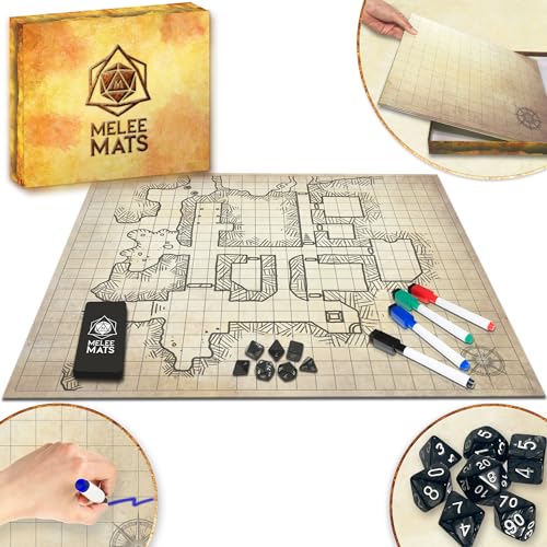 Melee Mats DND Map Starter Kit for Dungeons & Dragons Game - 23” x 27' Double Sided, Wet/Dry Erase Battle Terrain Grid - Ultimate Tabletop Board Gaming Experience with Accessories