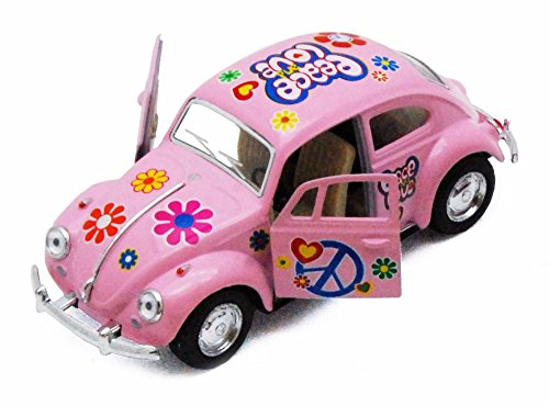 KiNSMART 1967 Volkswagen Classical Beetle w/Peace Love Decals Pink 5' 1:36 Scale Die Cast Metal Model Toy Car w/Pullback Action