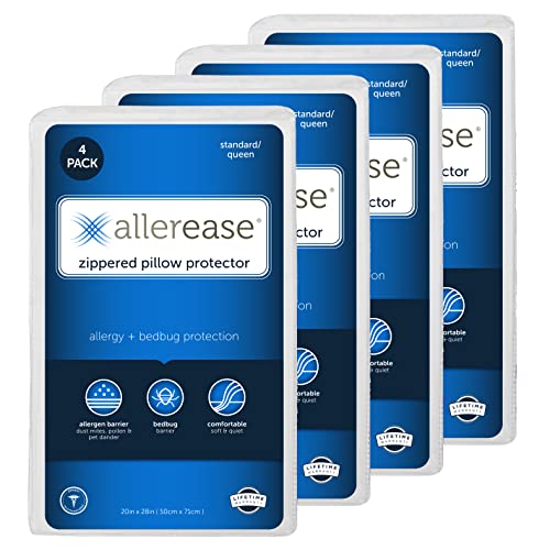 Set of 4 Standard/Queen AllerEase Pillow Protectors - Moisture Wicking, Advanced Allergy Protection - Premium Polyester, Zippered Protectors