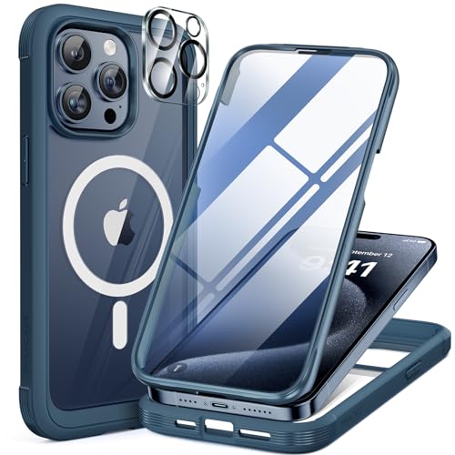 Miracase Magnetic for iPhone 15 Pro Max Case 6.7'' [Compatible with Magsafe] Full-Body Drop Proof Bumper Phone Case for iPhone 15 Pro Max with Built-in 9H Tempered Glass Screen Protector,Blue