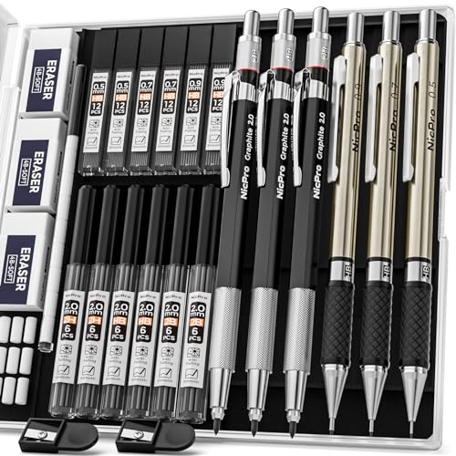 Nicpro 6PCS Art Mechanical Pencils Set, 3PCS Metal Drafting Pencil 0.5 mm & 0.7 mm & 0.9 mm & 3PCS 2mm Graphite Lead Holder (2B HB 2H) For Writing, Sketching Drawing With Lead Refills Case