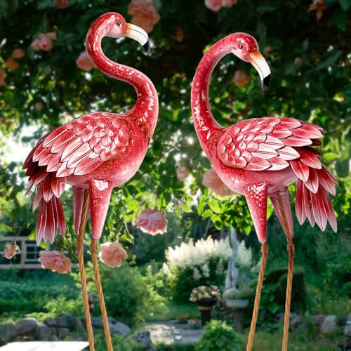 Kircust Flamingo Garden Statues and Sculptures, Metal Birds Yard Art Outdoor Statue, Large Pink Flamingo Lawn Ornaments for Home, Patio, Backyard Decor (2-Pack)