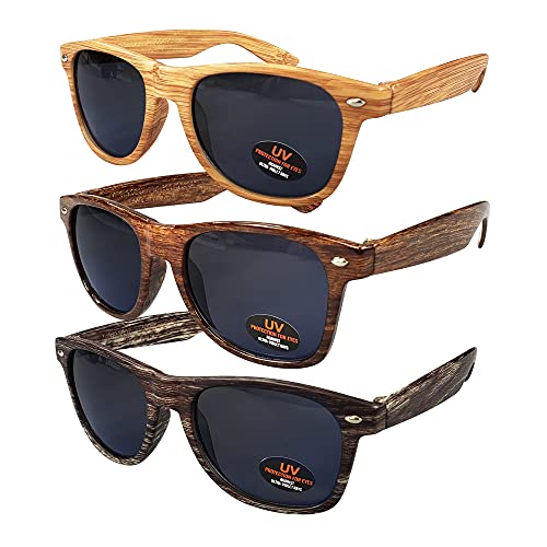 RAY SOLÉE Sunglasses for Men, Women & Kids 3 Pack of Tinted Lenses with UVA & UVB Protection (Light Woodgrain,Woodgrain,Dark Woodgrain, Black)