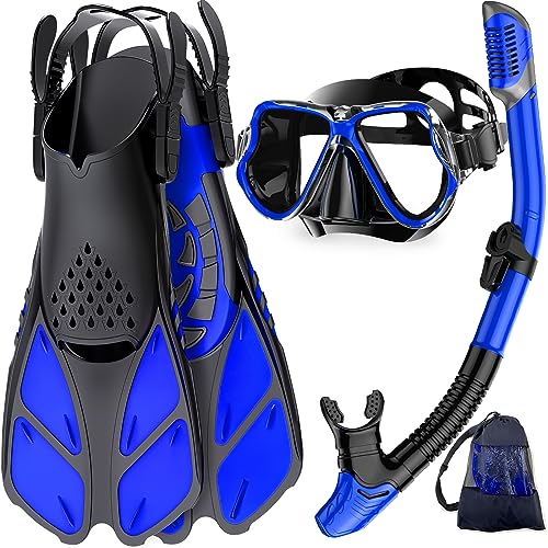 Zenoplige Mask Fins Snorkel Set, Snorkeling Gear for Adults, Panoramic View Snorkel Mask Anti-Fog, Adjustable Dive Flippers, Dry Top Snorkel and Travel Bag, Scuba Gear for Swimming Snorkeling Diving