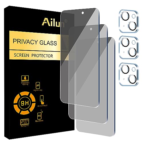 Ailun 3 Pack Privacy Screen Protector for iPhone 15 [6.1 inch] + 3 Pack Camera Lens Protector, Anti Spy Private Tempered Glass Film, Case Friendly, [9H Hardness] - HD [Black] [6 Pack]