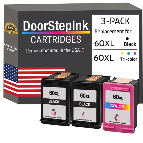 DoorStepInk Remanufactured in The USA Ink Cartridge Replacements for HP 60XL 60 XL 2 Black and 1 Color for PhotoSmart C4780 C4795 C4680 C4650 D110 D110a DeskJet F4480 F4280 F4580 D2530 D2545