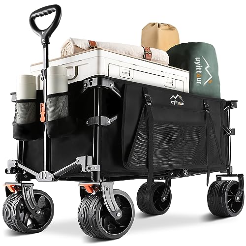 Uyittour Collapsible Folding Wagon Cart Heavy Duty Foldable, Beach Wagon with Big Wheels for Sand, Utility Grocery Wagon with Side Pocket and Brakes for Camping Sports Outdoor Activities, Black