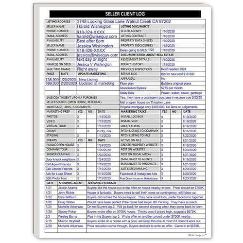 Real Estate Agent Supplies - Home Seller Client Log to include in Listing File Folders. Realtor Log to Track Seller Needs, Home Showings & Agent Activity. 50 Page Notepad. 8.5 X 11. Made in the USA.