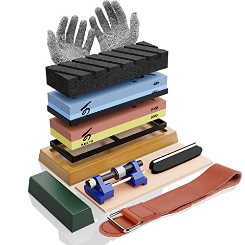 KERYE Japanese Whetstone Sharpener Set - 400/1000 3000/8000 Grit Water Stones, Flattening Stone, Honing Guide, Cut Resistant Gloves
