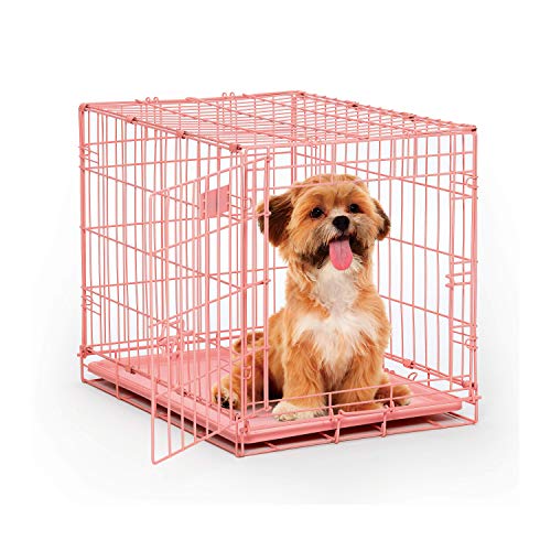 MidWest Homes for Pets Single Door iCrate 24' Pink Folding Metal Dog Crate w/ Divider Panel, Floor Protecting 'Roller' Feet & Leak Proof Plastic Tray; 24L x 18W x 19H Inches, Small Dog Breed