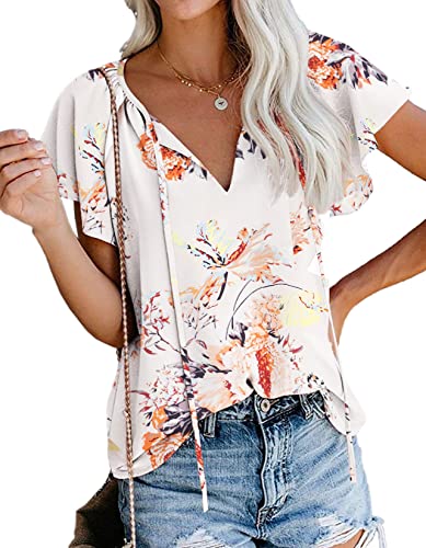 Womens Summer Tops Loose Fit V Neck Flutter Sleeve Bohemian Floral Blouse Shirts (Floral,M)