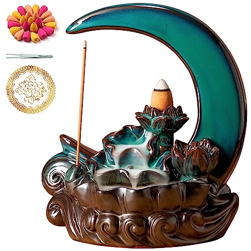 GARMOLY Moon Incense Burner with 60 Incense Cones + 30 Incense Stick, Ceramic Waterfall Incense Burner, Backflow Incense Holder for Aromatherapy Ornament Home Decor (Cyan)