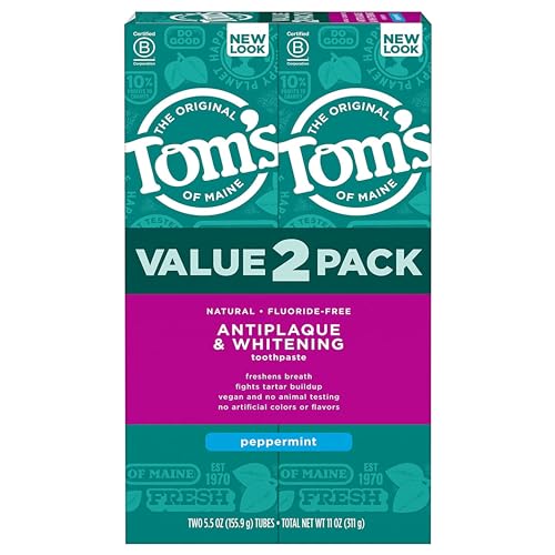 Tom's of Maine Fluoride-Free Antiplaque & Whitening Natural Toothpaste, Peppermint, 5.5 oz. (Pack of 2)