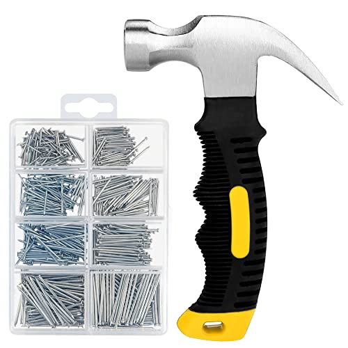 KURUI 700PCs Small Nails for Hanging Pictures Assortment Kit & 8oz Small Hammer, Mini Hammer with Hardware Roofing Nails Assorted Set, 280 Wall Nails & 280 Finishing Nails