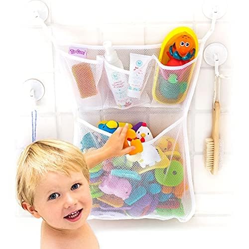 Original Tub Cubby Bath Toy Storage Organizer - With Suction Cup & Adhesive Hooks, 14'x20' Mesh Net Shower Caddy for Kids Bathroom Decor, Bedroom & Car Toy Organizer - Bonus Hooks