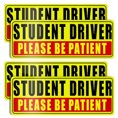 Sukh 4 Pcs Student Driver Magnet for Car - Be Patient Student Driver Magnet Boys and Girls New Student Driver Sticker Safety Warning Reflective Signs Reusable Movable