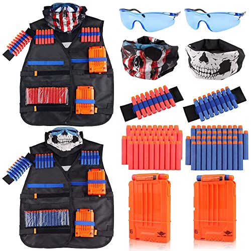 Kids Tactical Vest Kit UWANTME 2 Pack for Nerf Guns N-Strike Elite Series with Refill Darts Dart Pouch, Reload Clip Tactical Mask Wrist Band,Protective Glasses,Toys for 7 8 9 10 12 Year Old