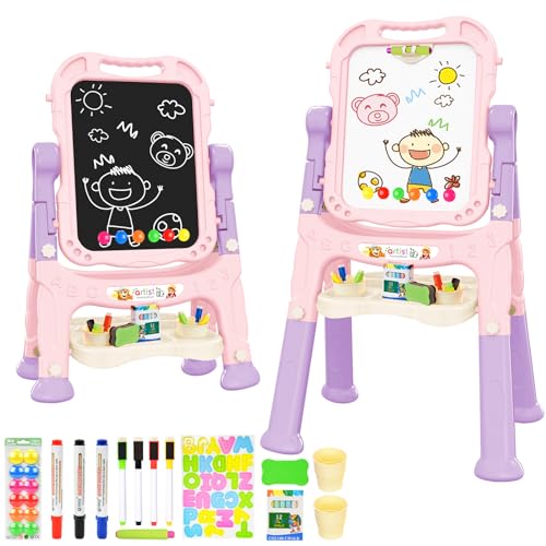 Amagoing Easel for Kids, Adjustable Standing Art Easel for Toddler, Double Magnetic Drawing Board with Painting Accessories, Birthday Christmas Gift for Little Boys and Girls, Middle Size Pink